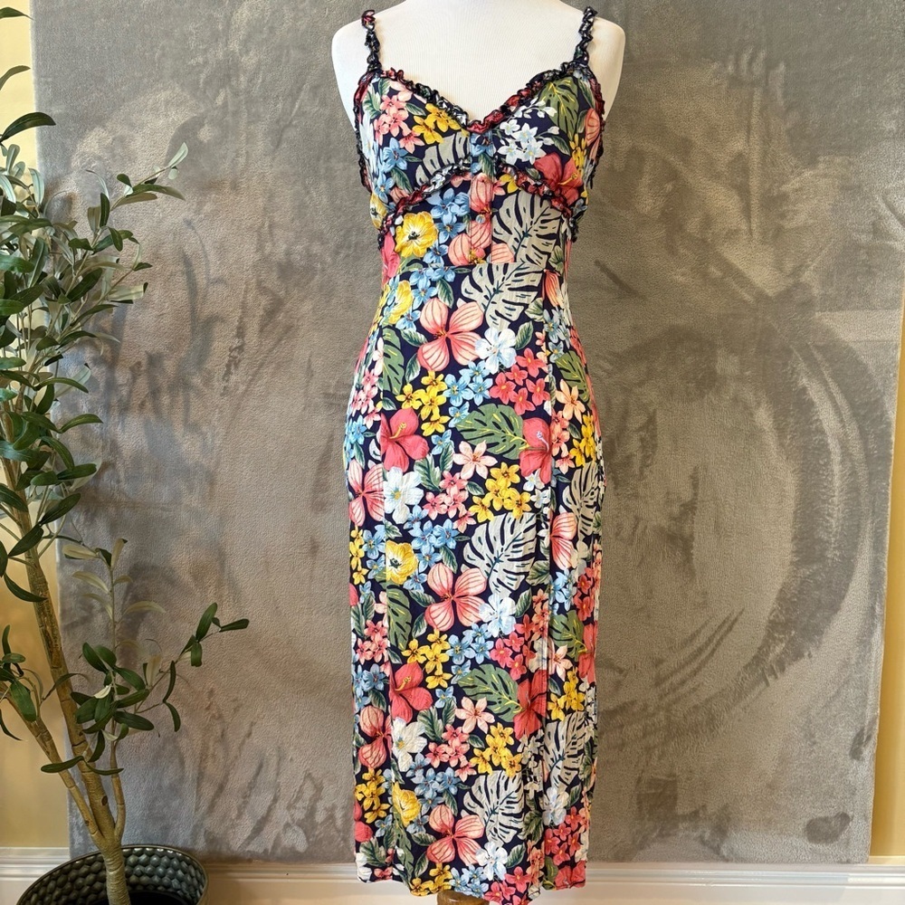 Coastal Floral Feminine Ruffle Resort CruiseTropical Island Beachy Dress Sz S